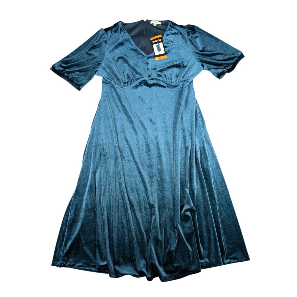 Briggs Womens XXL Teal Blue Velvet V-Neck Short Sleeve Empire Waist Midi Dress